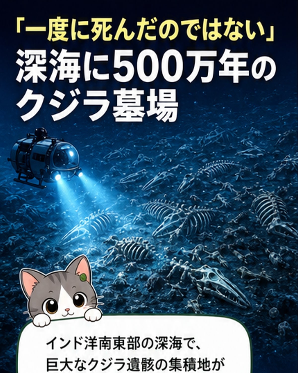 深海の暗闇に横たわるクジラの骨格と、それを取り囲む無数の微生物や甲殻類の様子を描いたイラスト。遠くに潜水艇のライトが見える。