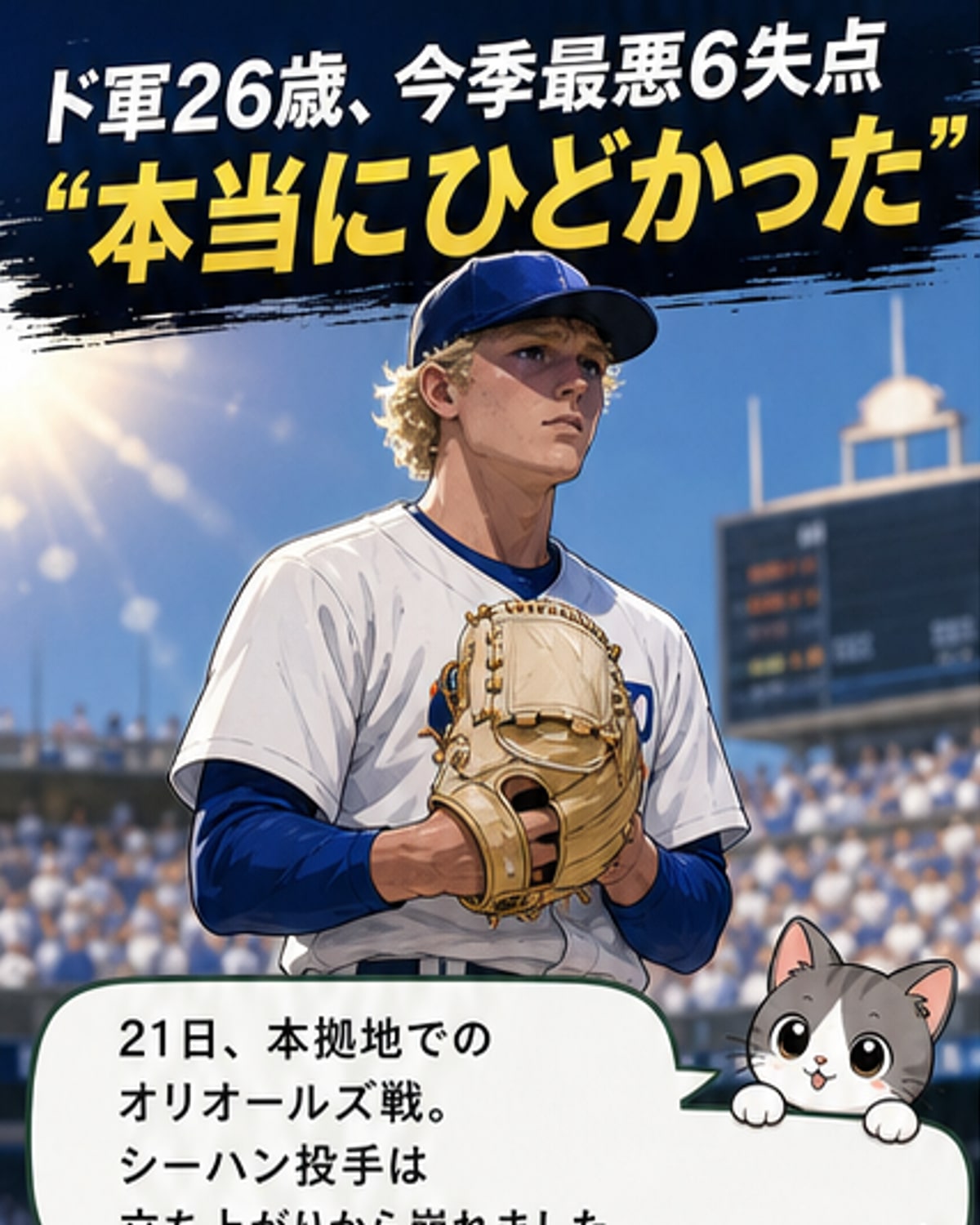 マウンドでうなだれるドジャースの投手、エメ・シーハンの姿。周囲は沈んだ表情。