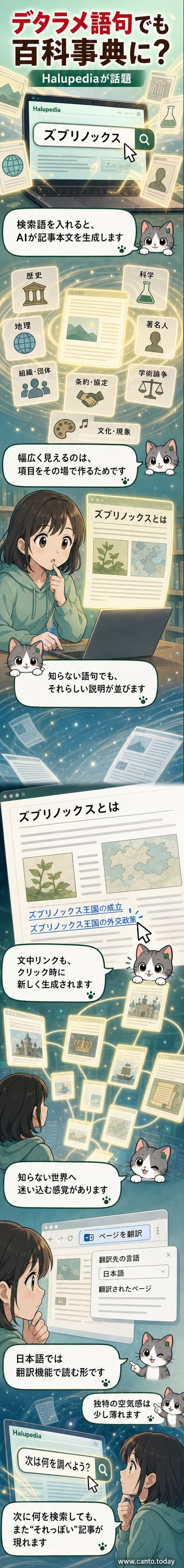 AIが虚構の語句に真実風の解説を生成する「Halupedia」の画面。検索バーに意味のない語が入力され、その場で生成された百科事典風の記事が表示されている。