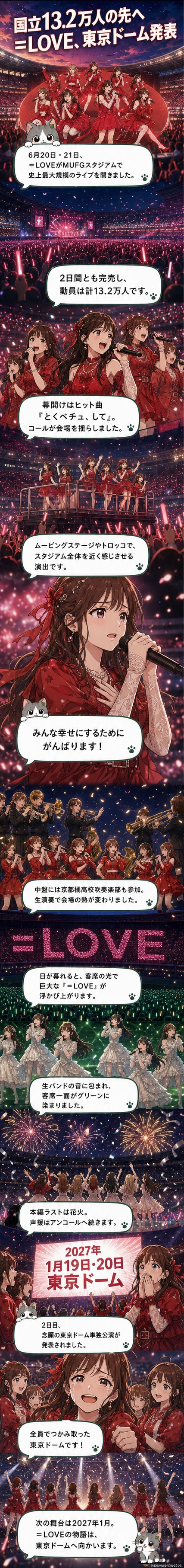 ＝LOVEが国立競技場のステージで満員の観客に向けてパフォーマンスしている様子。花火が打ち上がっている。
