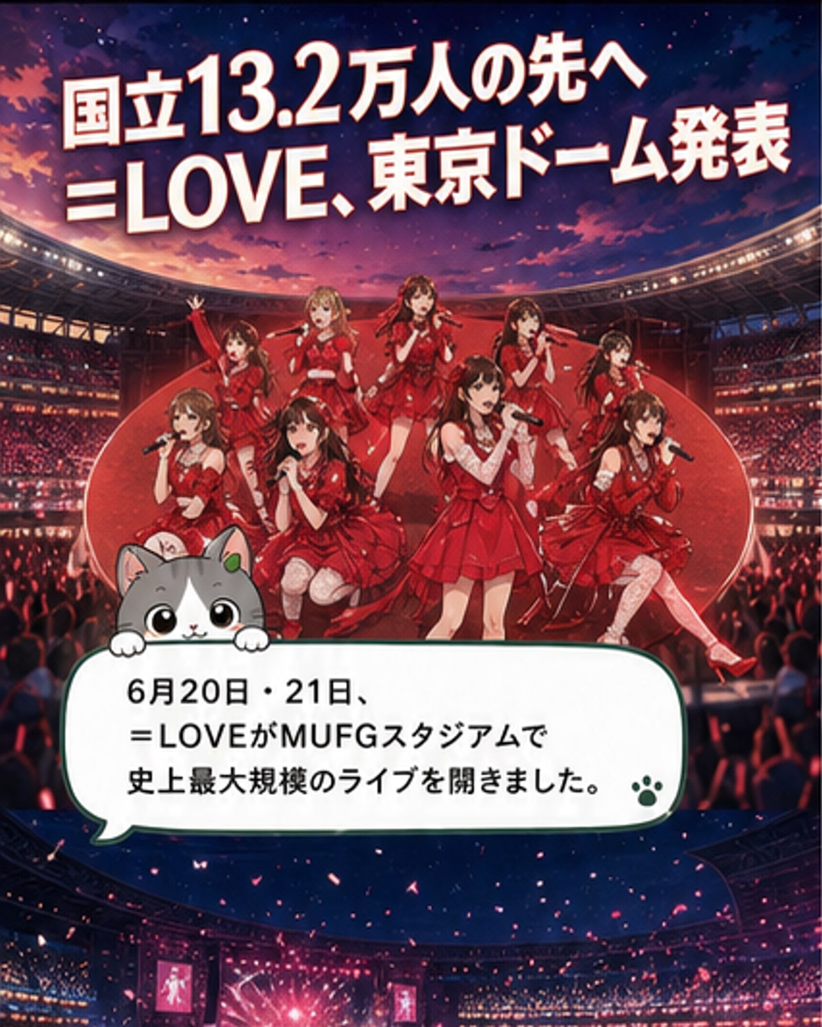 ＝LOVEが国立競技場のステージで満員の観客に向けてパフォーマンスしている様子。花火が打ち上がっている。