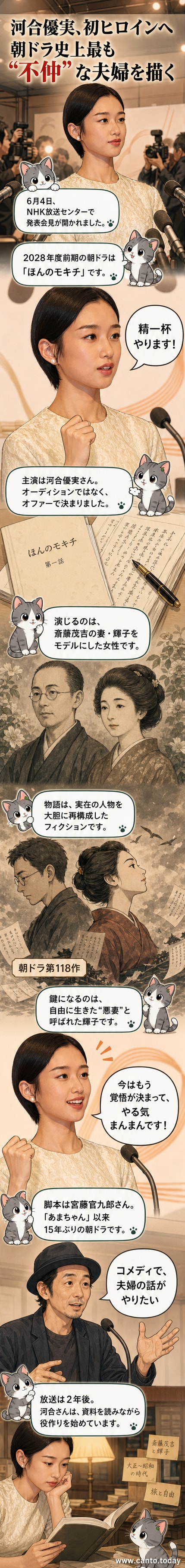河合優実と宮藤官九郎が並ぶ朝ドラ『ほんのモキチ』発表会見の様子。