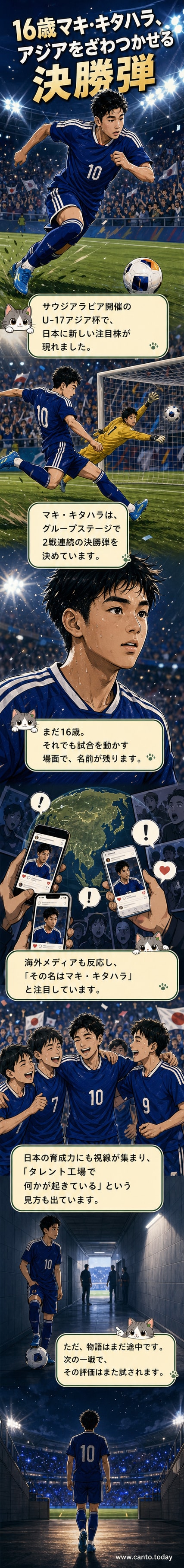若手サッカー選手がゴール後にチームメートとハイタッチする様子。背景には観客と大会ロゴ。