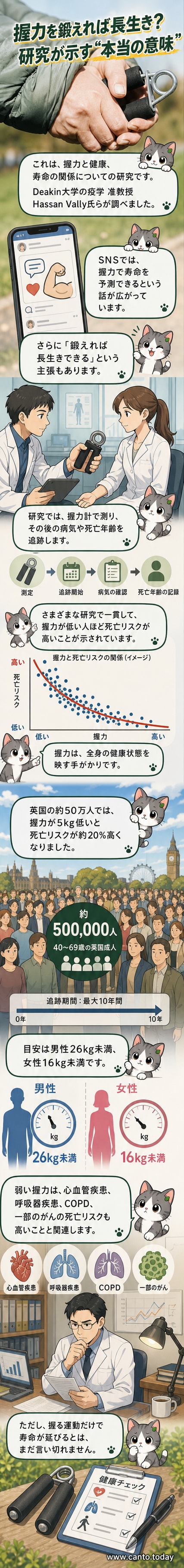 人物が握力計を握り、その数値が健康状態や寿命の予測と結びついている様子を示すイラスト