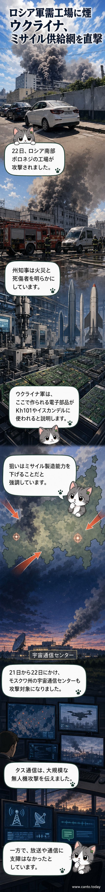 ロシアの工場から立ち上る黒煙と、無人機が飛行する様子を描いたウェブトゥーンのカバーパネル
