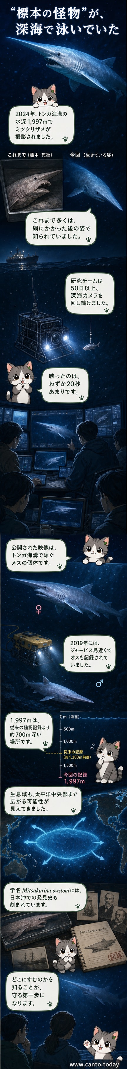 暗い深海をゆっくりと泳ぐゴブリンシャークの姿。ピンクがかった細長い体と突き出した吻が特徴的。