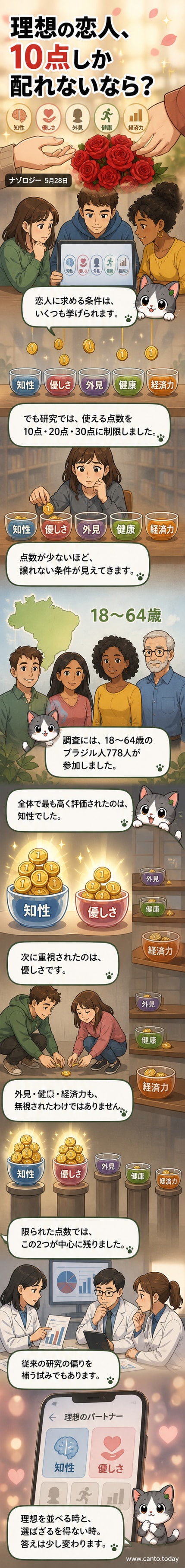 漫画風のパネルで、片方が「知性」と「優しさ」と書かれたカードを高く掲げており、反対側は外見やお金のカードを手にしているが、やや下がっている。