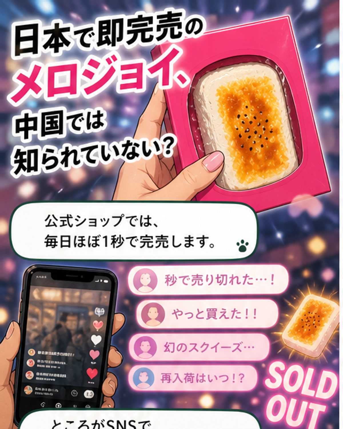 手のひらサイズのカラフルなシリコン製スクイーズ『メロジョイ』がビニール袋に入っている様子。背景には訪日観光客でにぎわう大阪・難波の街並み。