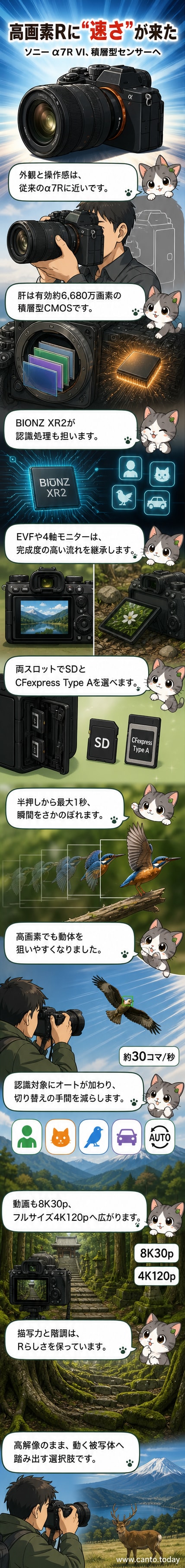 ソニー α7R VI ミラーレスカメラの正面ショット。黒色のボディにレンズを装着し、背面に大型液晶モニターと電子ファインダーを備える。