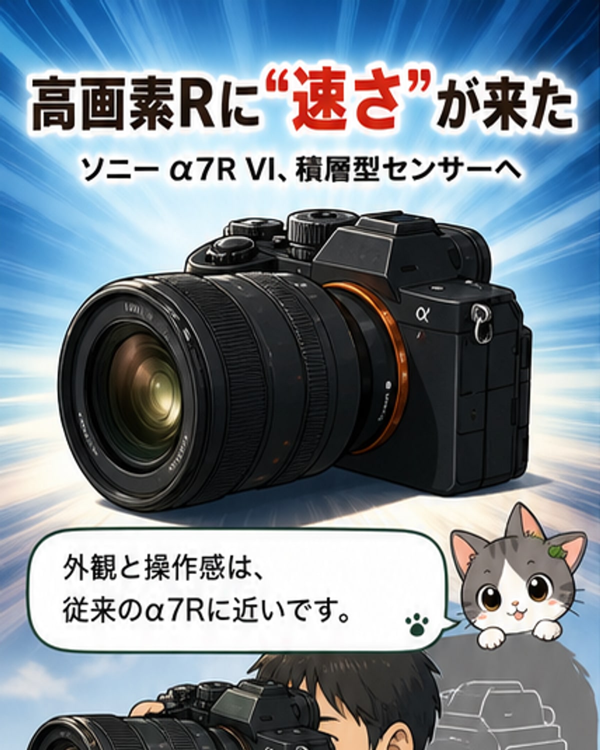 ソニー α7R VI ミラーレスカメラの正面ショット。黒色のボディにレンズを装着し、背面に大型液晶モニターと電子ファインダーを備える。