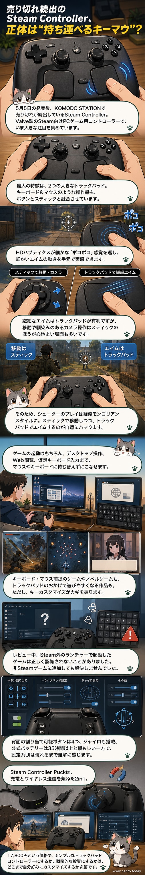 Steam Controllerの正面と背面。左右に大型トラックパッドを備え、背面にカスタムボタンが配置されている。