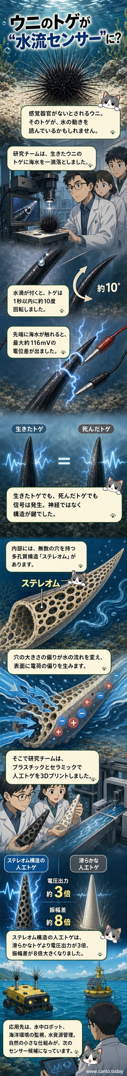 ウニのトゲの拡大図と、内部の多孔質構造を示す模式図。水流が穴のサイズ変化により電気を生み出す様子が描かれている。