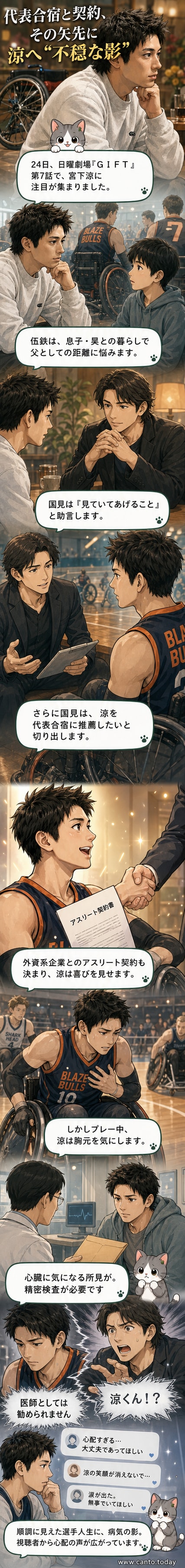 ドラマ「ギフト」のシーン。山田裕貴演じる涼が試合中に胸を押さえ、心配そうな表情を見せる。