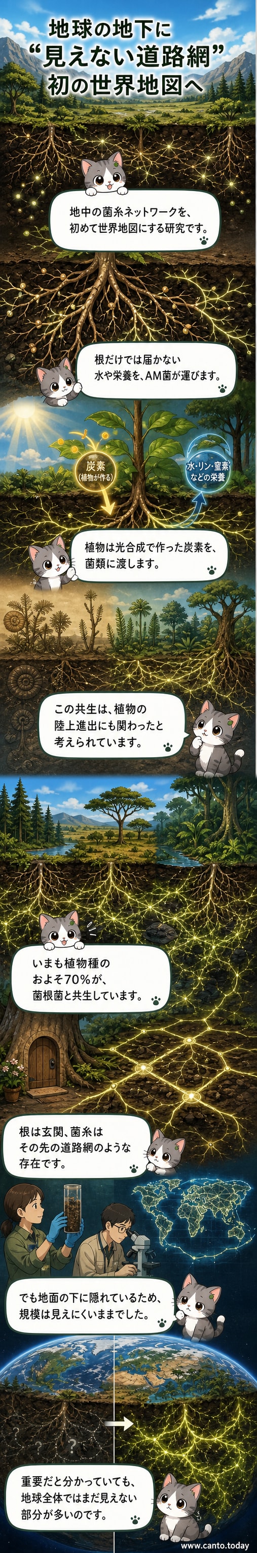 地下に広がる細い菌糸が植物の根とつながり、ネットワークを形成している様子を描いたイメージ