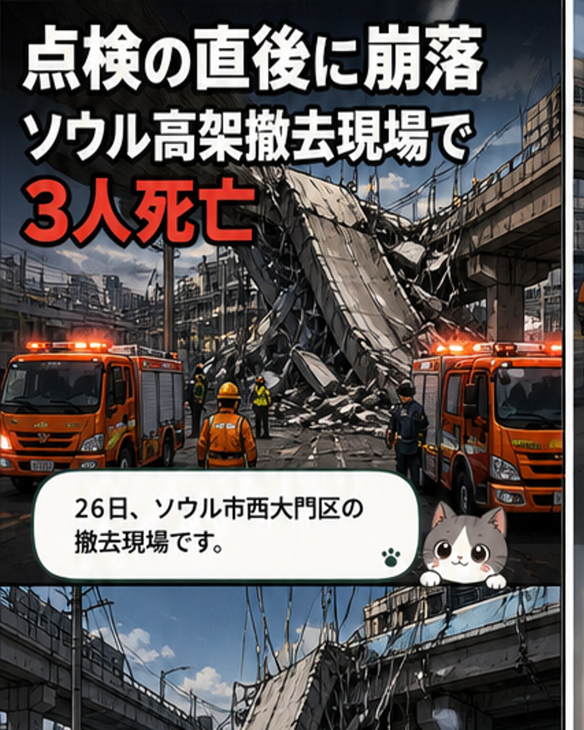ソウル高架崩落で3人死ぬ