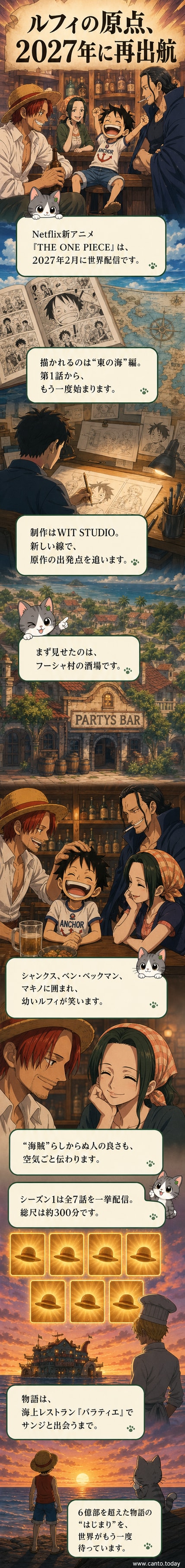 フーシャ村の酒場「PARTYS BAR」で、赤髪海賊団のシャンクスやマキノに囲まれて笑う幼少ルフィの様子を描いたコンセプトアート。