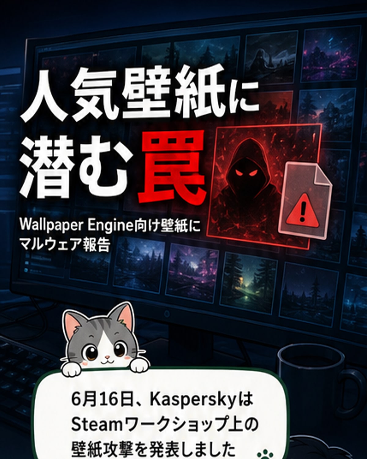 PCの画面にアニメーション壁紙が表示される様子。画面の片隅に警告アイコンが表示され、マルウェア感染のリスクを示唆。
