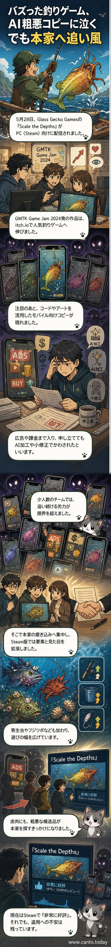 『Scale the Depths』のゲーム画面。プレイヤーが釣り上げた魚を捌き、鳥に渡してお金を稼ぐ様子が描かれている。