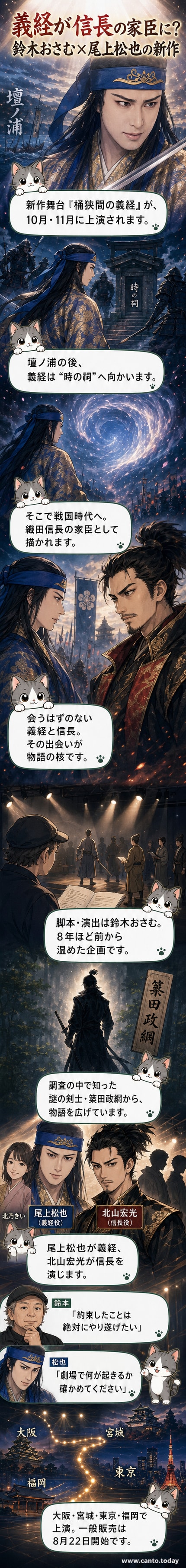 舞台『桶狭間の義経』のビジュアル。尾上松也演じる源義経が戦国時代の装束で剣を構え、背景には織田信長率いる軍勢と戦場の情景が描かれている。