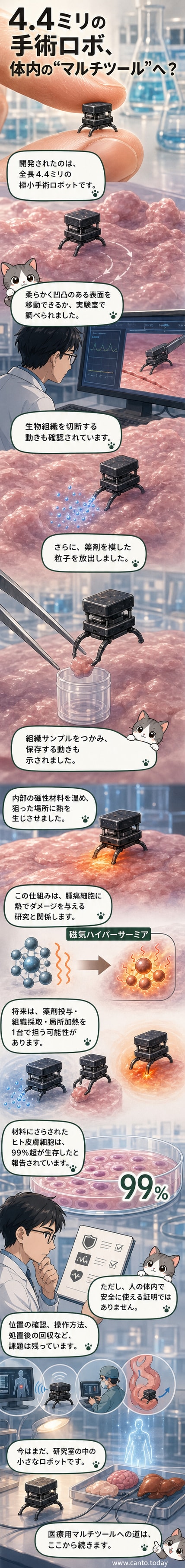 全長4.4ミリの極小ロボットがゼラチン製の組織モデル上を移動している様子。先端から粒子を放出し、周囲の組織に作用している。