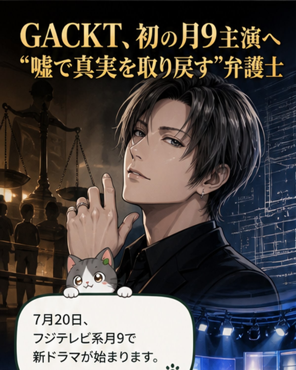 GACKT、月9初主演！「嘘で真実を暴く」ダーク弁護士