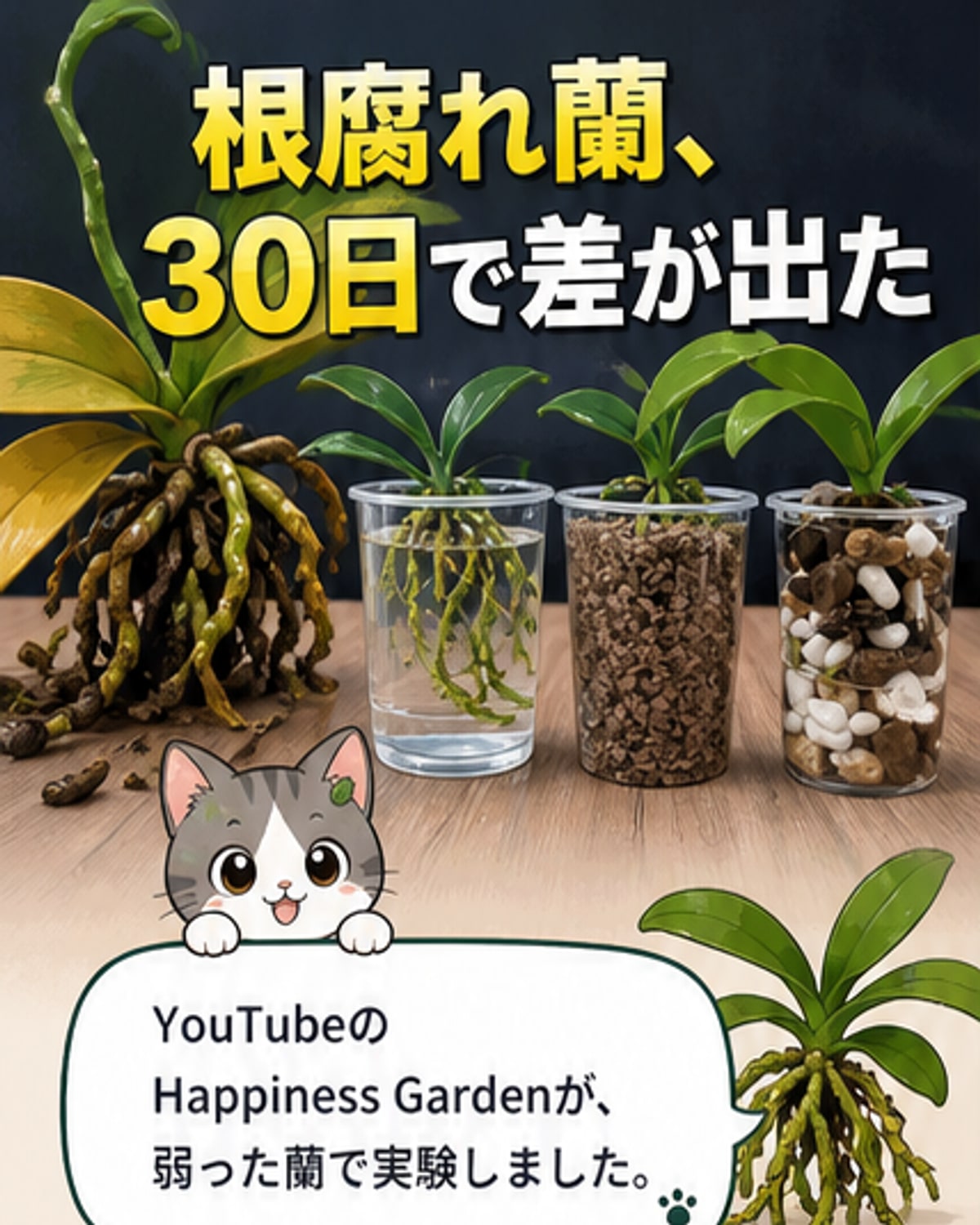 根腐れで弱っていた蘭を軽石、砂利、水の3種類で栽培し、30日後に軽石で育てた蘭の根が最も大きく成長した様子を示す比較画像。