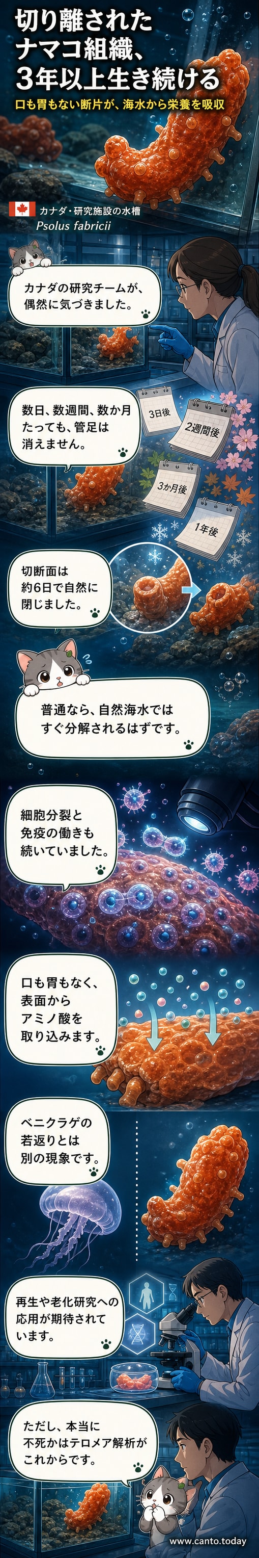顕微鏡下で緑色に染色されたナマコの管足組織。細胞が活発に活動している様子がわかる。