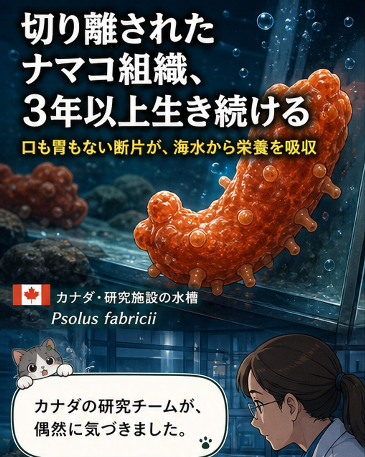 ナマコの切断組織が3年超も生き続けた