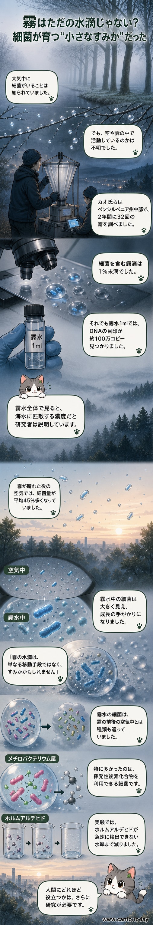 顕微鏡で見た霧水中の細菌(下)と空気中の粒子に含まれる細菌(上)。下の細菌がより大きく、成長している兆候が見られる。