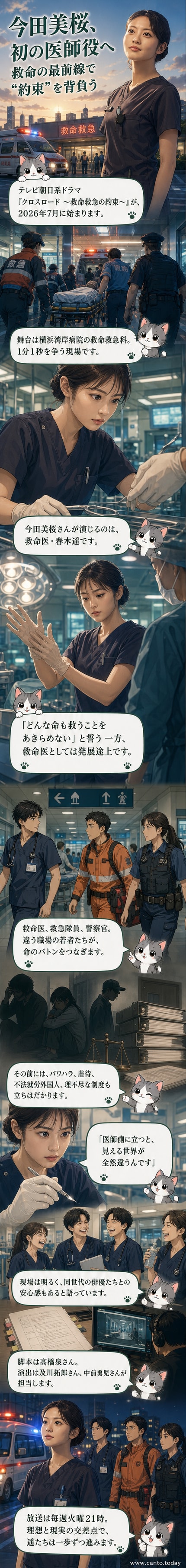 今田美桜が白い医師服を着て、真剣な表情で救命救急の現場に立つ様子。周囲には医療機器とスタッフが控え、緊迫した空気が伝わる。