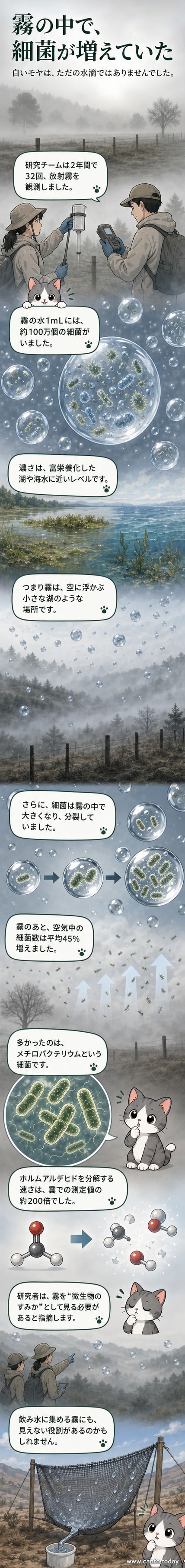 夜の森に浮かぶ霧の中で、顕微鏡下の細菌が分裂している様子を描いたイラスト。青白い光を放つ無数の微生物が水滴内を漂っている。