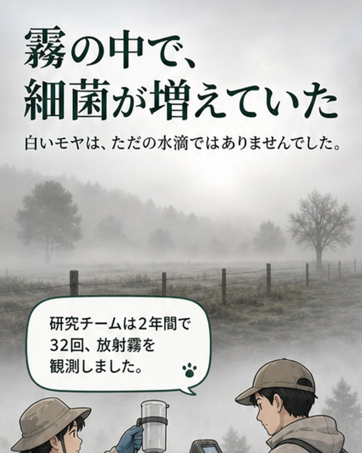 夜の森に浮かぶ霧の中で、顕微鏡下の細菌が分裂している様子を描いたイラスト。青白い光を放つ無数の微生物が水滴内を漂っている。