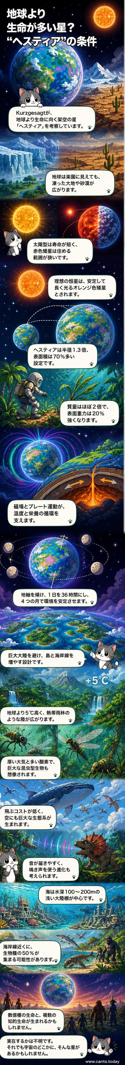 架空のスーパーアース「ヘスティア」の想像図。濃い緑の島々が点在し、厚い大気の中を巨大な生物が飛んでいる。