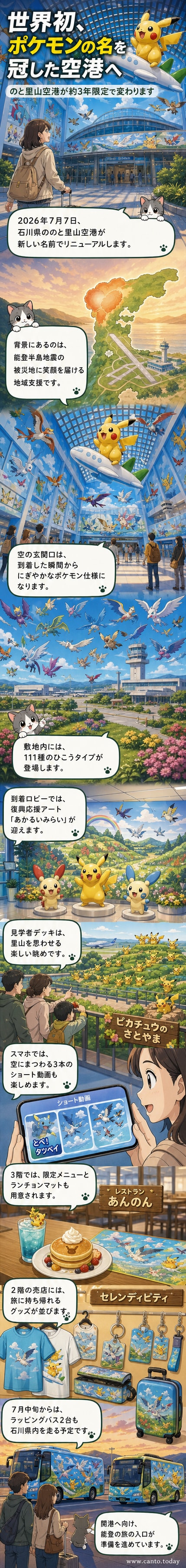 のと里山ポケモン・ウィズ・ユー空港の2階吹き抜けに、大きなピカチュウと飛行機のバルーンが浮かび、周囲に多くのポケモンが舞っている様子
