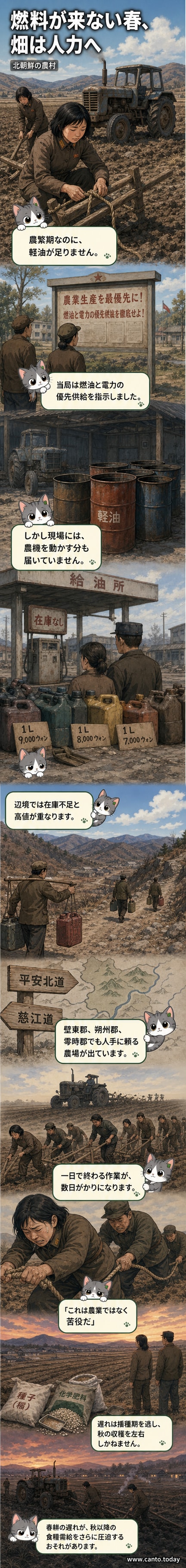北朝鮮の農村で、複数の住民がロープでつながれた木製の農具を引いて畑を耕している様子。背景には山々と簡素な家屋が見える。