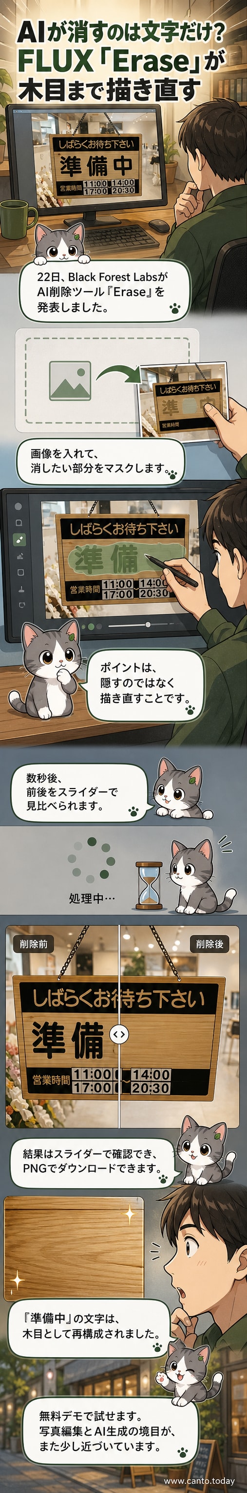 Black Forest LabsのAIツール「Erase」を使って、「準備中」と書かれた看板部分を塗りつぶし、木目テクスチャに自然に置き換えた画像の前後比較画面