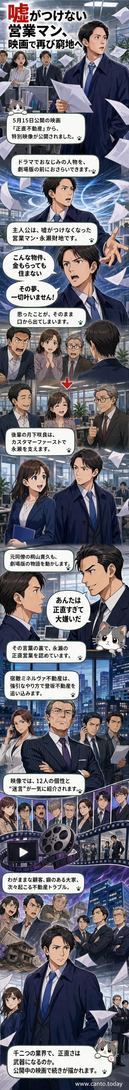 映画『正直不動産』のキャラクター紹介特別映像で登場する山下智久、福原遥、市原隼人ら12人の個性豊かな登場人物たちのビジュアルとセリフが並ぶ