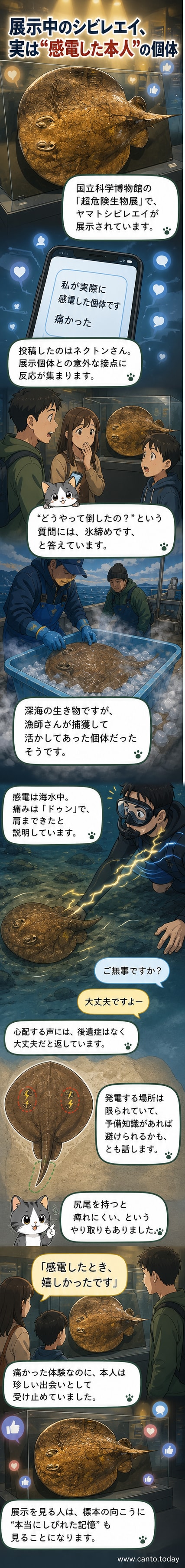 水槽の中を泳ぐヤマトシビレエイの姿。周囲には観覧する来場者の姿がある。