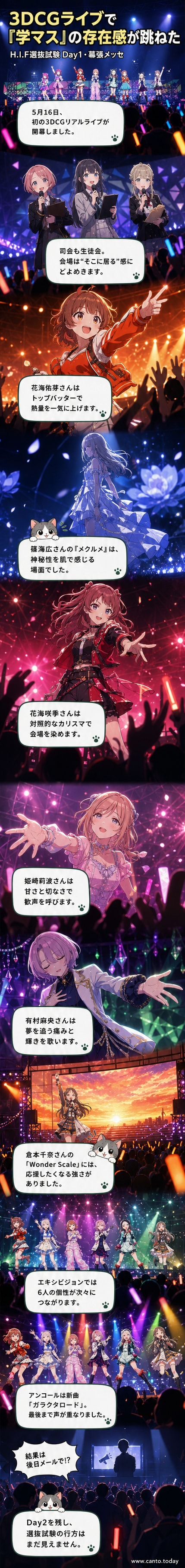 『学園アイドルマスター』の3DCGライブで、ステージに立つキャラクターたち。光と衣装が織りなす圧倒的な臨場感。
