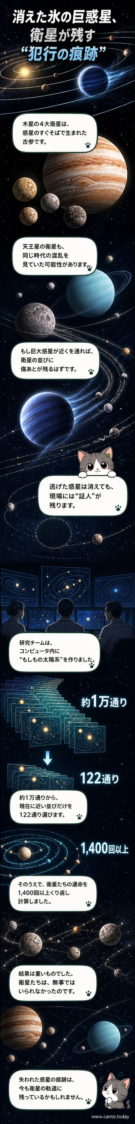 宇宙空間に浮かぶ木星とその衛星たち。遠くから別の巨大な氷の惑星が通り過ぎる様子が描かれている。背景には天王星とその不規則な衛星軌道が見える。