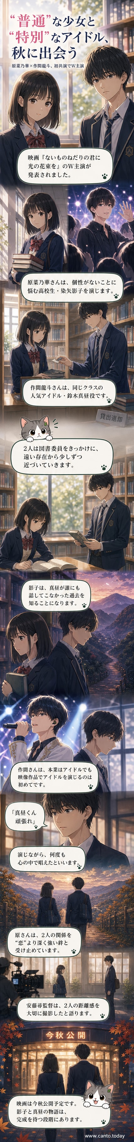 映画『ないものねだりの君に光の花束を』でW主演する原菜乃華と作間龍斗。高校生とアイドルの対照的な二人が、互いの内面に触れ合いながら絆を深める物語。