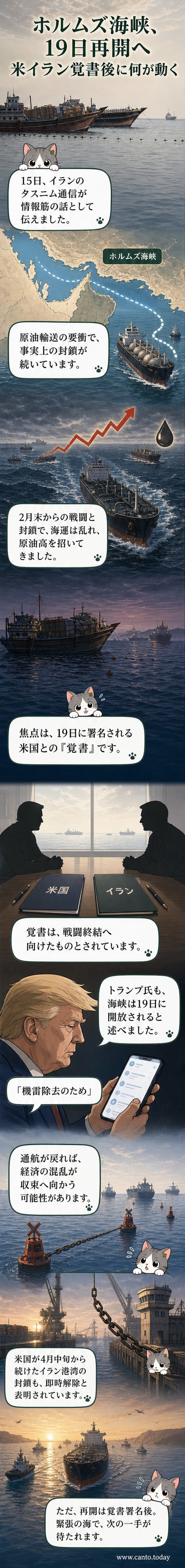 オマーン沖のホルムズ海峡に停泊する船舶。機雷除去作業のため、一時的に通航が停止している。