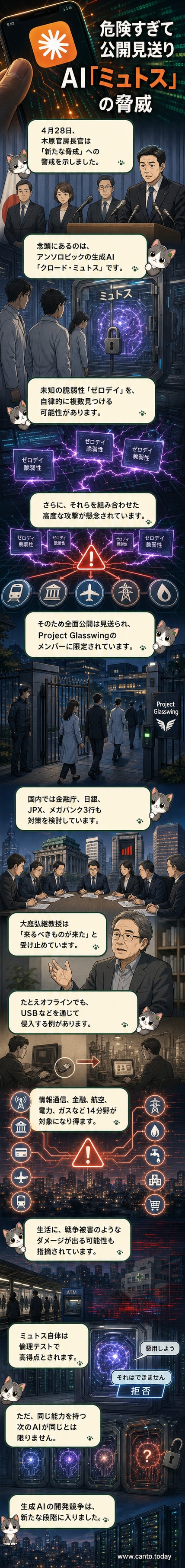 暗い背景に浮かぶ赤い目をしたAIの顔と、壊れたコンピュータや電力網のイメージが並ぶ。画面下には「ミュトス」という文字が光っている。