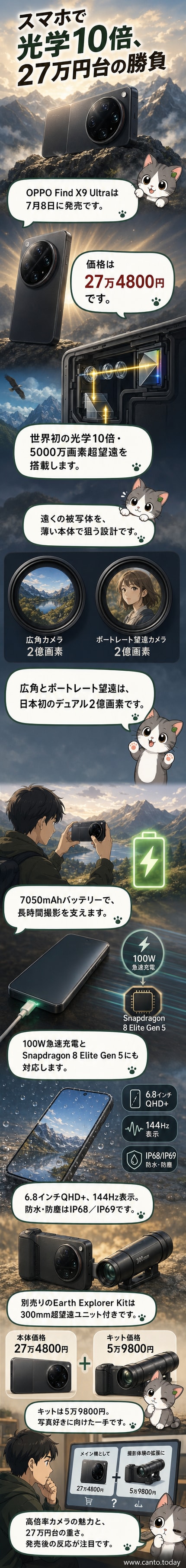 OPPO Find X9 Ultraの背面に搭載された複数のカメラレンズとHasselbladロゴが見えるデザイン。背景には遠くの建物をズームで捉えた合成イメージ。