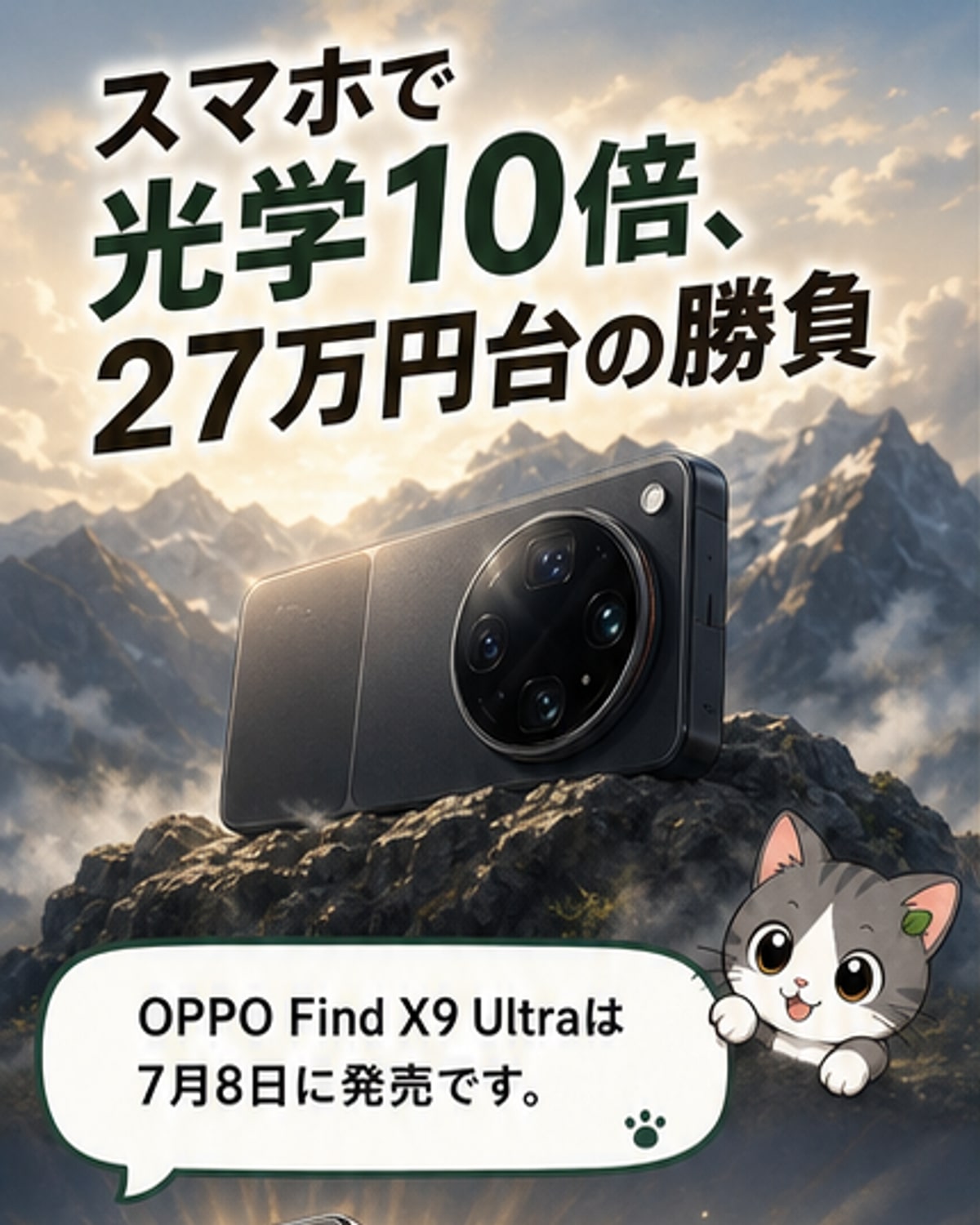 OPPO Find X9 Ultraの背面に搭載された複数のカメラレンズとHasselbladロゴが見えるデザイン。背景には遠くの建物をズームで捉えた合成イメージ。