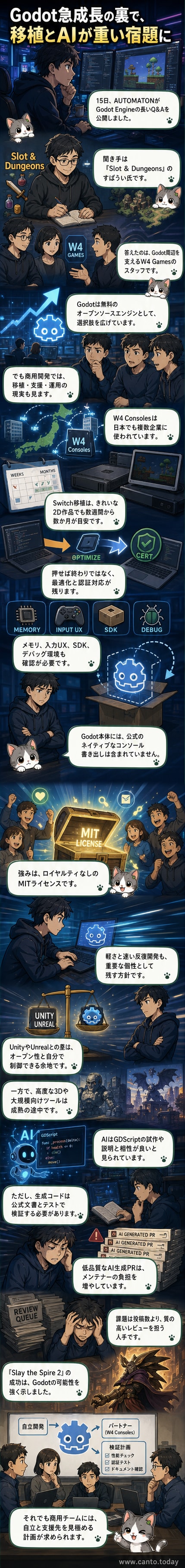 Godotエンジンのロゴと、コンソール、AI、開発者コミュニティを象徴するアイコンが並ぶ視覚的解説パネル