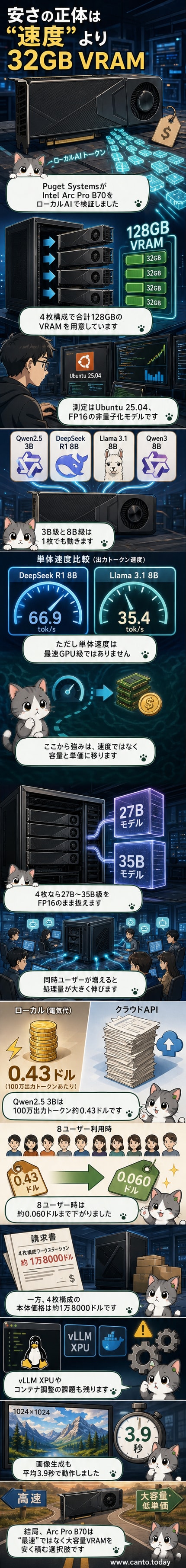 Intel Arc Pro B70を4枚搭載したワークステーションでローカルAIを実行する様子。性能とコスト効率の比較データが示されている。