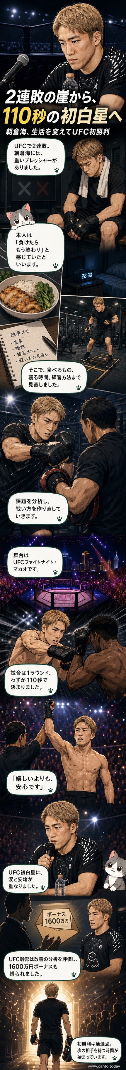 黄色のゲキサをまとった朝倉海が、マカオのUFC会場で両手を上げて勝利を祝う様子。観客は歓声を上げている。