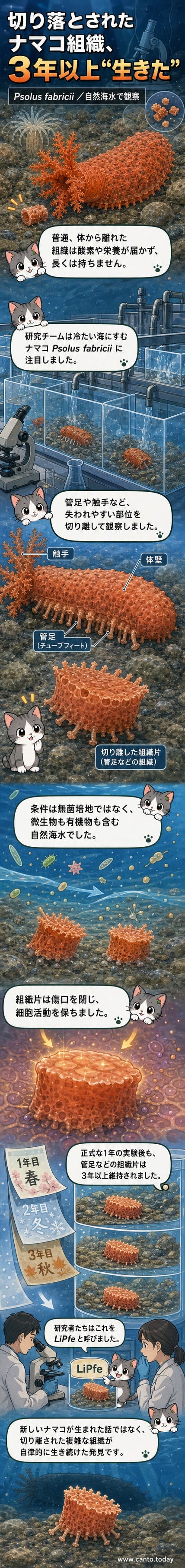 顕微鏡で観察されたナマコの管足組織。周囲に海水の流れがあり、細胞が活性化している様子がわかる。