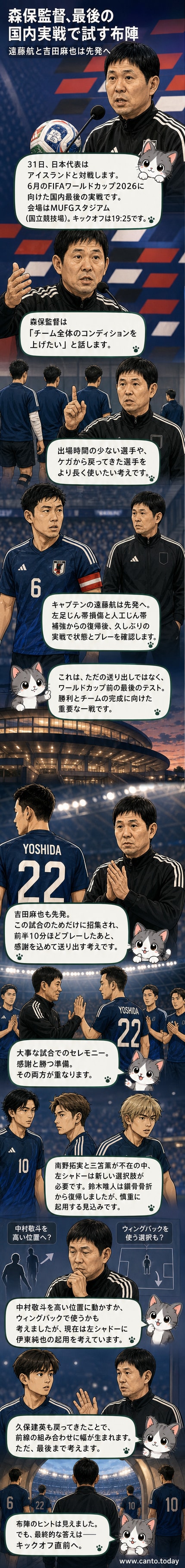 日本代表の森保監督が記者会見でアイスランド戦の起用について説明する様子。遠藤航と吉田麻也の先発が示唆される。